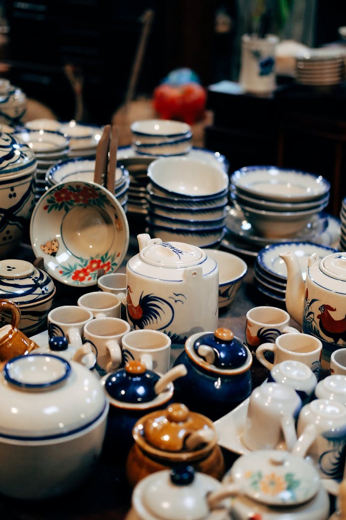 Intricate collection of hand-painted Vietnamese ceramic kitchenware.